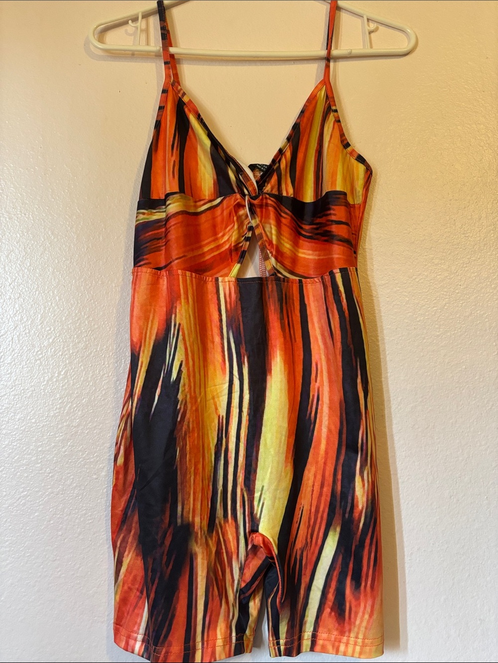 SHEIN Vibrant Orange Black Abstract Flame Romper Camisole Bodysuit Cutout